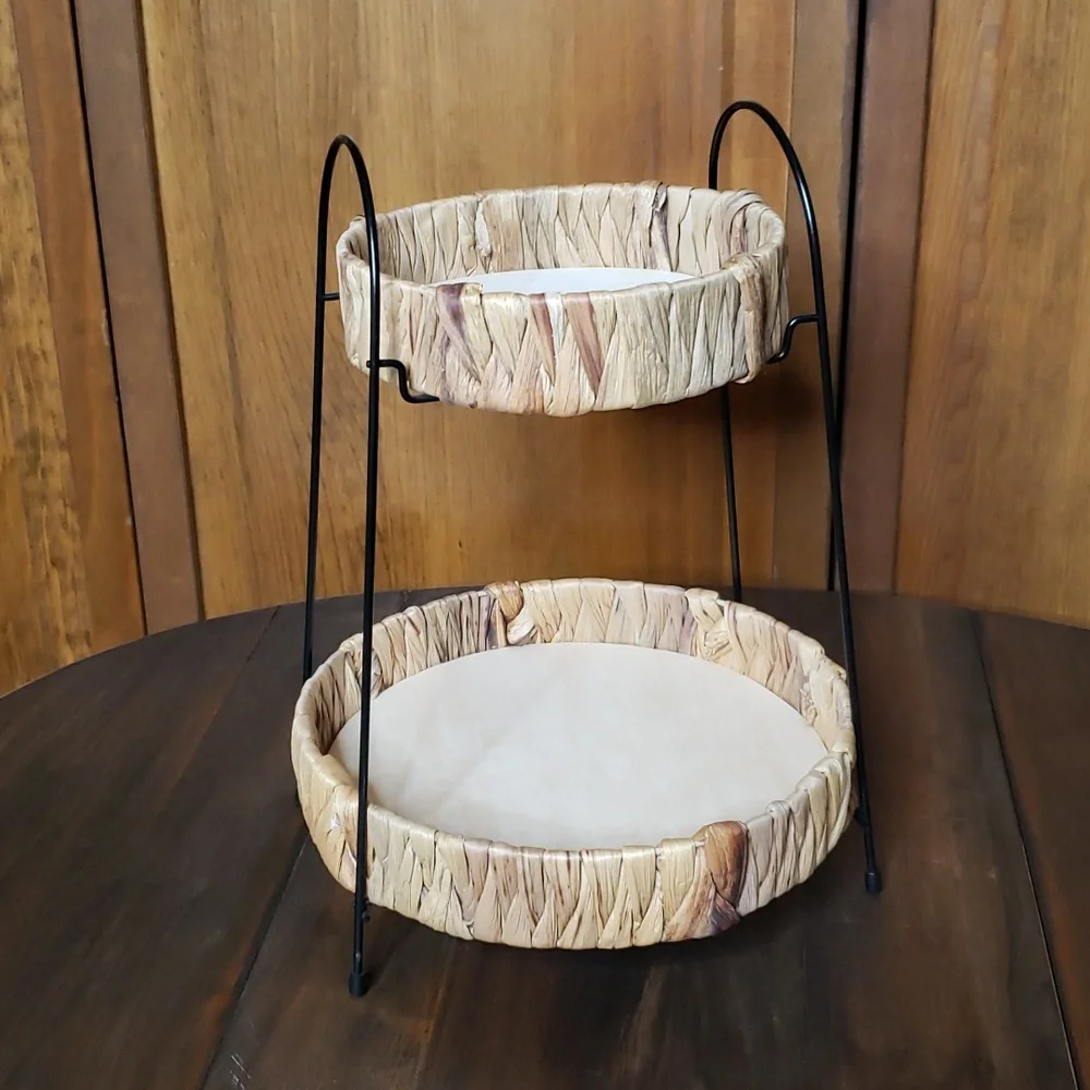 Tiered Woven Rattan Metal Tray Stand